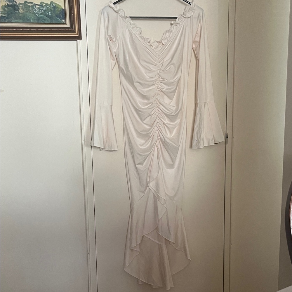 Elegant Cream Ruffled Maxi Dress apricot color